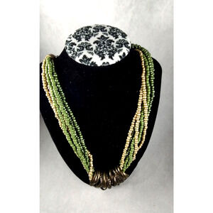 Statement Choker Style Necklace 7 Twisted Strands and Several Rings Greens Gold